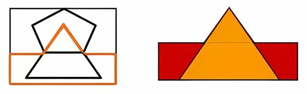The target shape highlighted inside option B: the upright triangle sits directly above the rectangle, joined at the shared horizontal base line