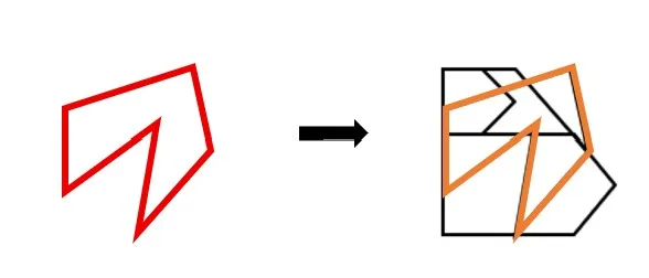 Answer diagram showing the target shape highlighted in orange within option B, confirming the outer boundary tilt and triangular notch direction both match the original exactly with no rotation or reflection applied
