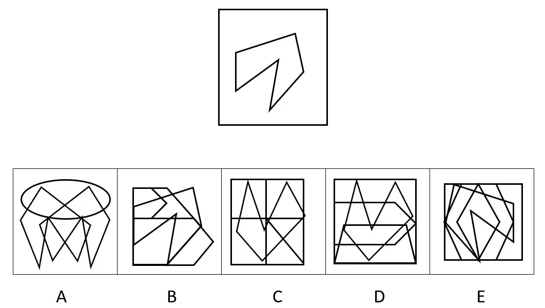 CAT4 Level F Figure Recognition question: a target shape showing an irregular polygon with a sharp triangular notch cut into one side is displayed at the top. Five answer options each embed the target shape within a more complex figure — only one option contains the shape in the exact same orientation without rotation or reflection.