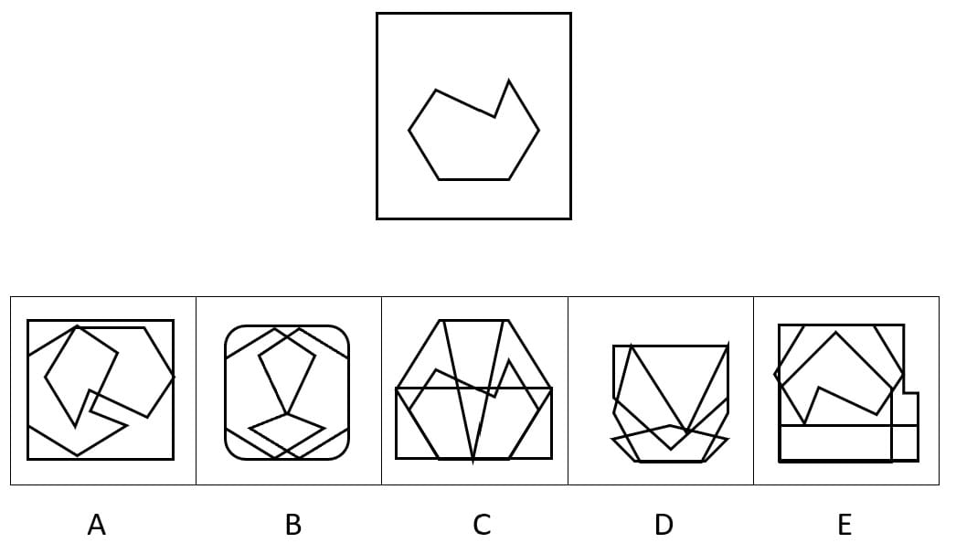 CAT4 Figure Recognition sample question — an irregular hexagon with a notch cut into the top-right edge as the target shape, five complex figures below labelled A to E, one of which contains the target shape hidden within it