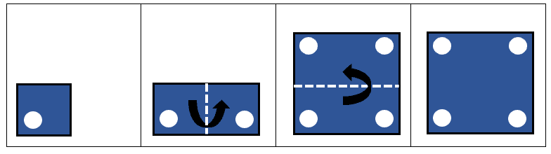 Step-by-step diagram showing the two folds and hole punch: first a vertical fold creating two holes, then a horizontal fold creating four holes symmetrically placed one per quadrant