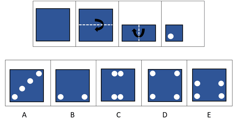 CAT4 Level B free figure analysis sample question presenting a 2x folded paper with 1 punched hole in it and 5 options