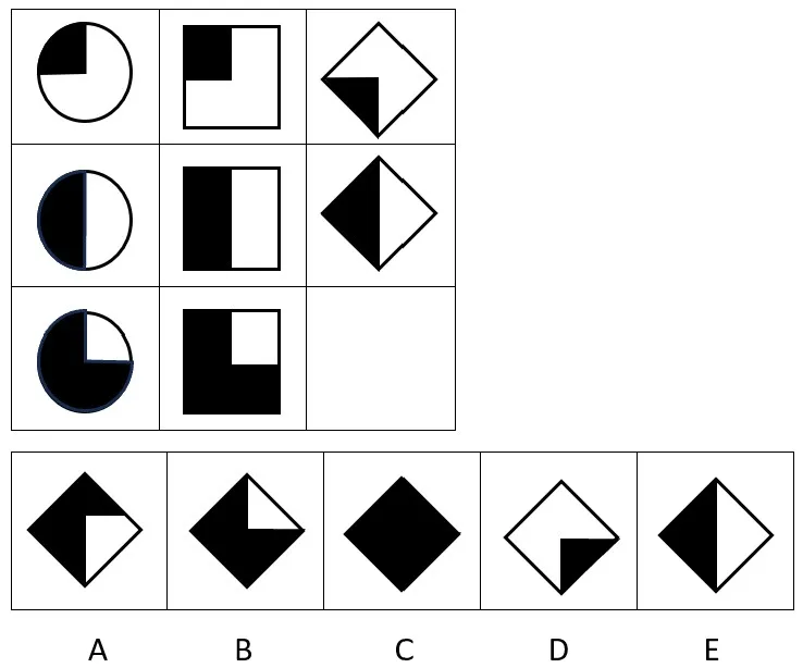 CAT4 Level B Figure Matrices sample question showing a 3x3 grid with a missing item and 5 answer options
