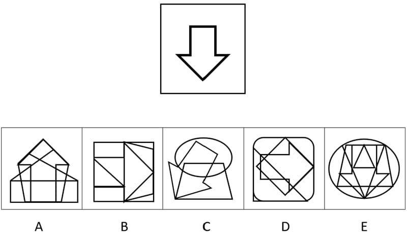CAT4 Level A Figure Recognition Sample question presenting an arrow facing down and 5 possible options