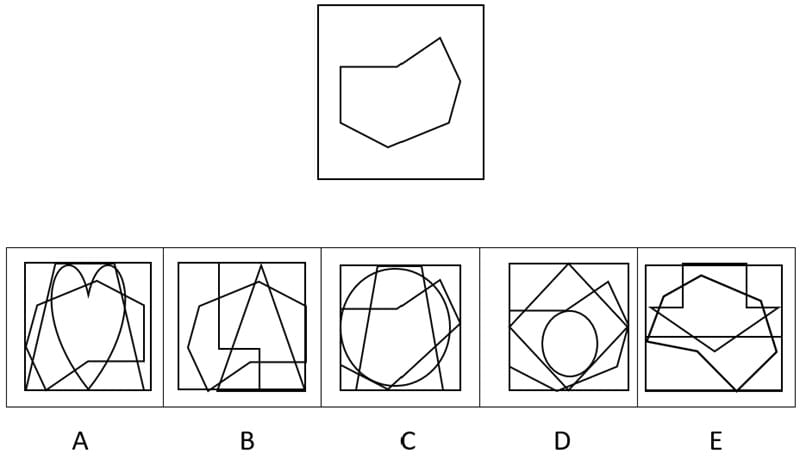 CAT4 Level C Figure Recognition question. At the top, a bordered square contains the test shape — an irregular polygon with approximately six sides and one distinctive concave indentation on its lower-left side, drawn as an outline only with no fill. Below, five answer options labelled A to E each show a complex figure made of multiple overlapping lines and shapes within which the test shape may be hidden. Option A: a complex figure with curved heart-like outlines and two diagonal crossing lines at the lower portion. Option B: a complex figure with angular shapes including a large triangular form and rectangular elements. Option C: a complex figure with large overlapping rounded polygonal outlines. Option D: a complex figure containing a large circle, a rotated diamond shape, and angular lines — the test shape is hidden here in the correct orientation. Option E: a complex figure with several overlapping angular polygonal shapes of varying sizes.