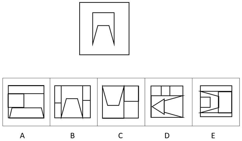 CAT4 Level Y Shapes sample question: a test shape and five answer options A to E