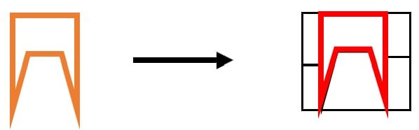 Annotated diagram: the test shape highlighted in orange on the left, an arrow pointing right, and answer option B on the right with the matching shape traced in red confirming the correct orientation