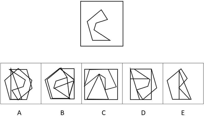 CAT4 Level E Figure Recognition sample question. The test shape is an irregular closed polygon with angular edges — roughly C-shaped with its opening facing left. It has a near-horizontal top edge, an angular point at the upper-right, a V-shaped notch cutting back to the left, then a wider base extending to the lower-right. Five answer options labelled A to E each show a larger complex figure that may or may not contain this exact shape hidden within it in the same orientation.