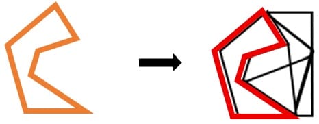 Step-by-step solution for the CAT4 Level E Figure Recognition question: the test shape is shown in orange on the left, and the same shape is highlighted in red within option B on the right, confirming that the angular C-shaped polygon appears in the same orientation hidden inside the larger complex figure